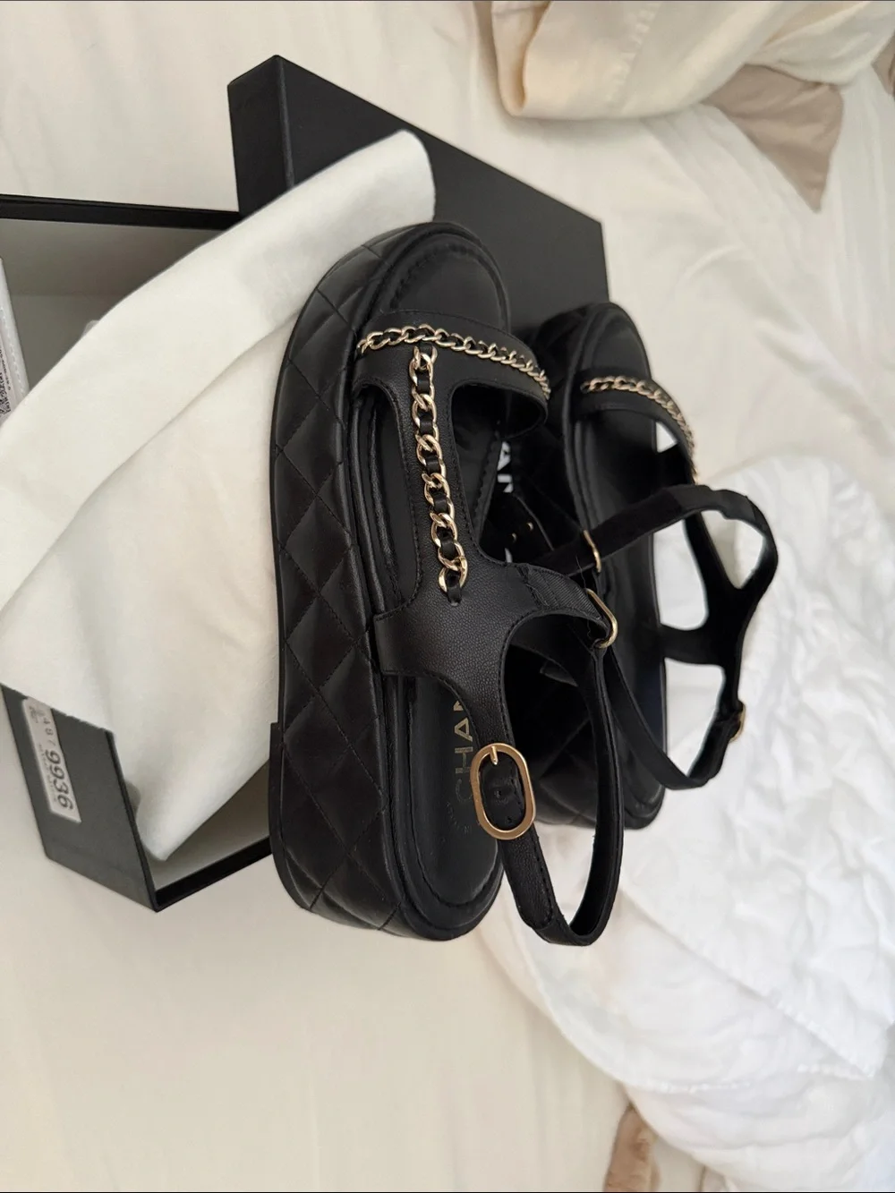 CHANEL Black Leather Sandals with Gold Chain Trim